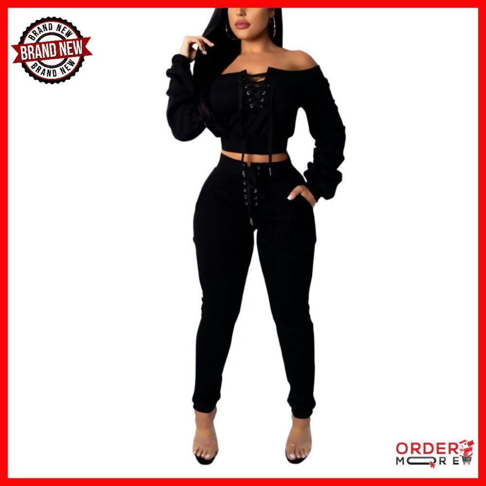 Sexy Off Shoulder Lace Up Crop Top & Jogger Pants Set Polyester Spandex